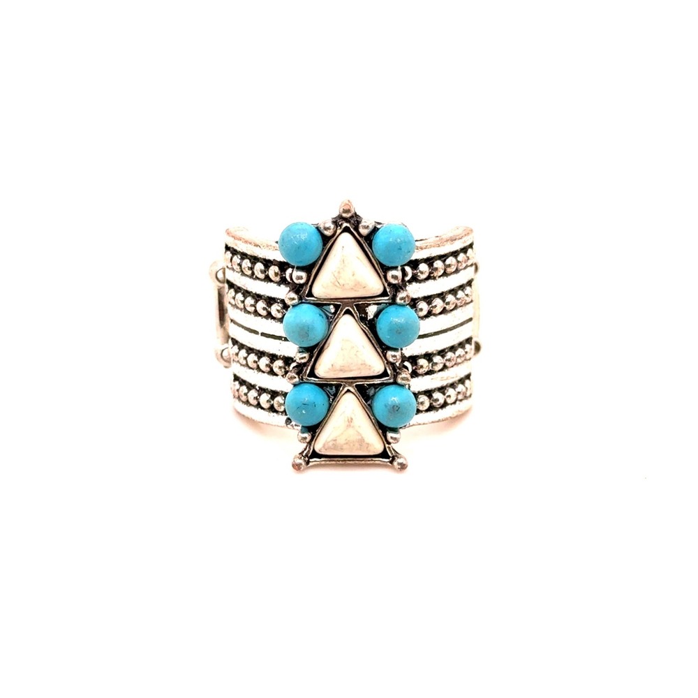 Paparazzi Southwestern Silver Stretch Ring Turquoise White Stone Boho Statement
